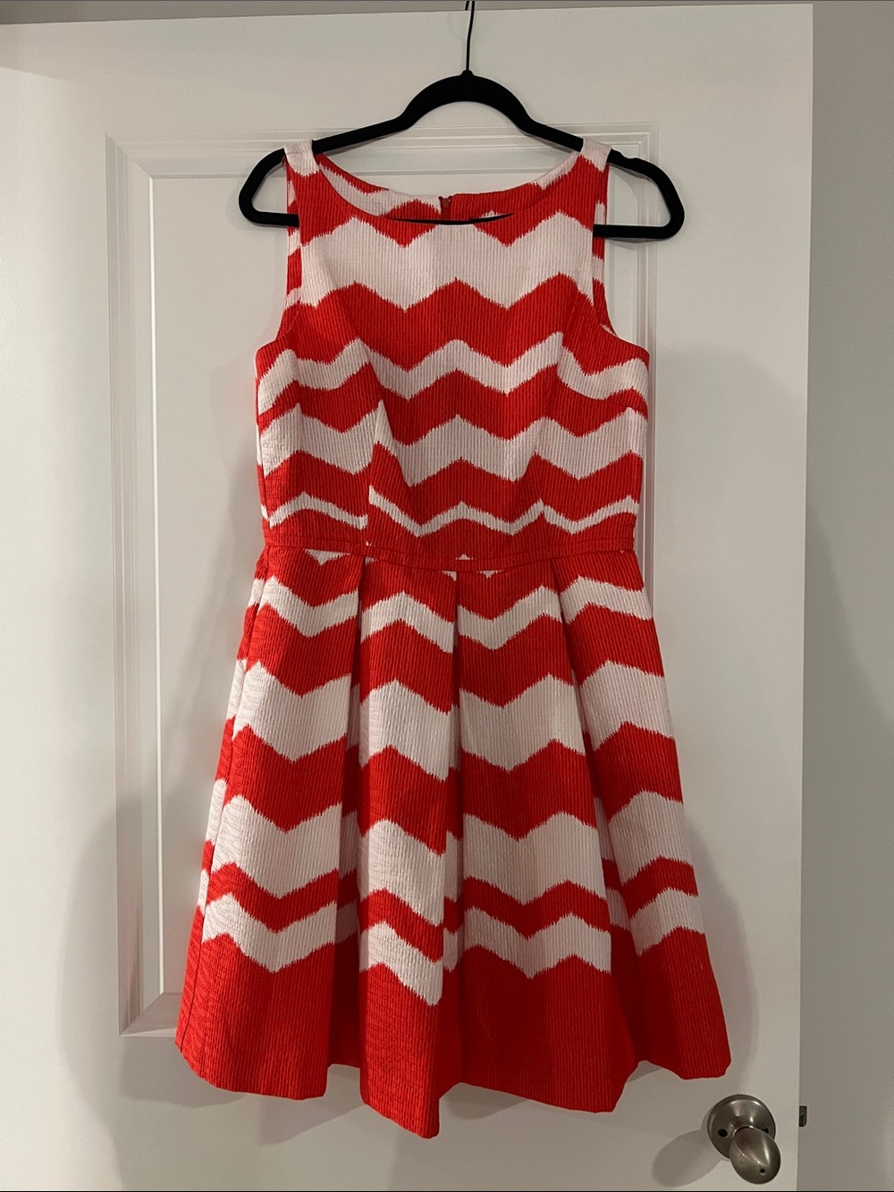 Just...Taylor Red & White Chevron Fit-and-Flare Dress with Pockets